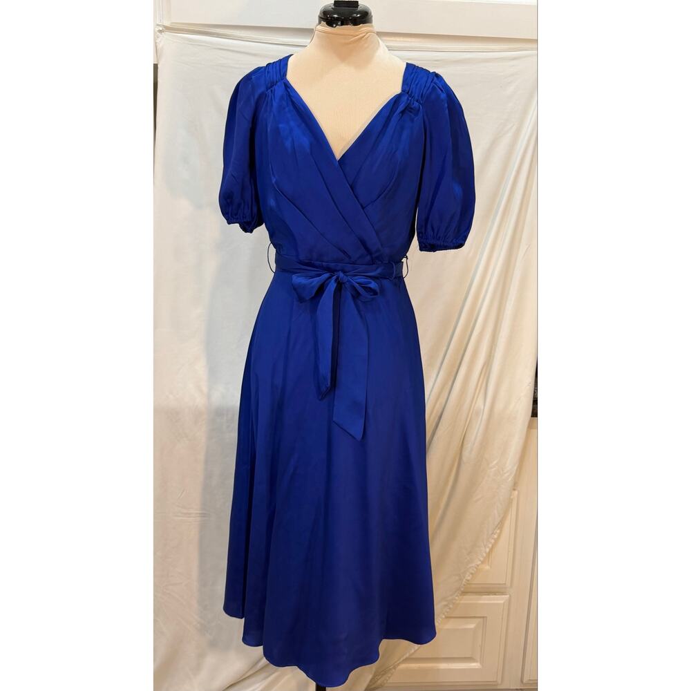 NWT DKNY Faux Wrap Midi Dress | Puff Sleeve | Cobalt Blue | Size 8